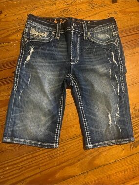 Rock Revival Navy Blue Distressed Embroidered Pocket Shorts